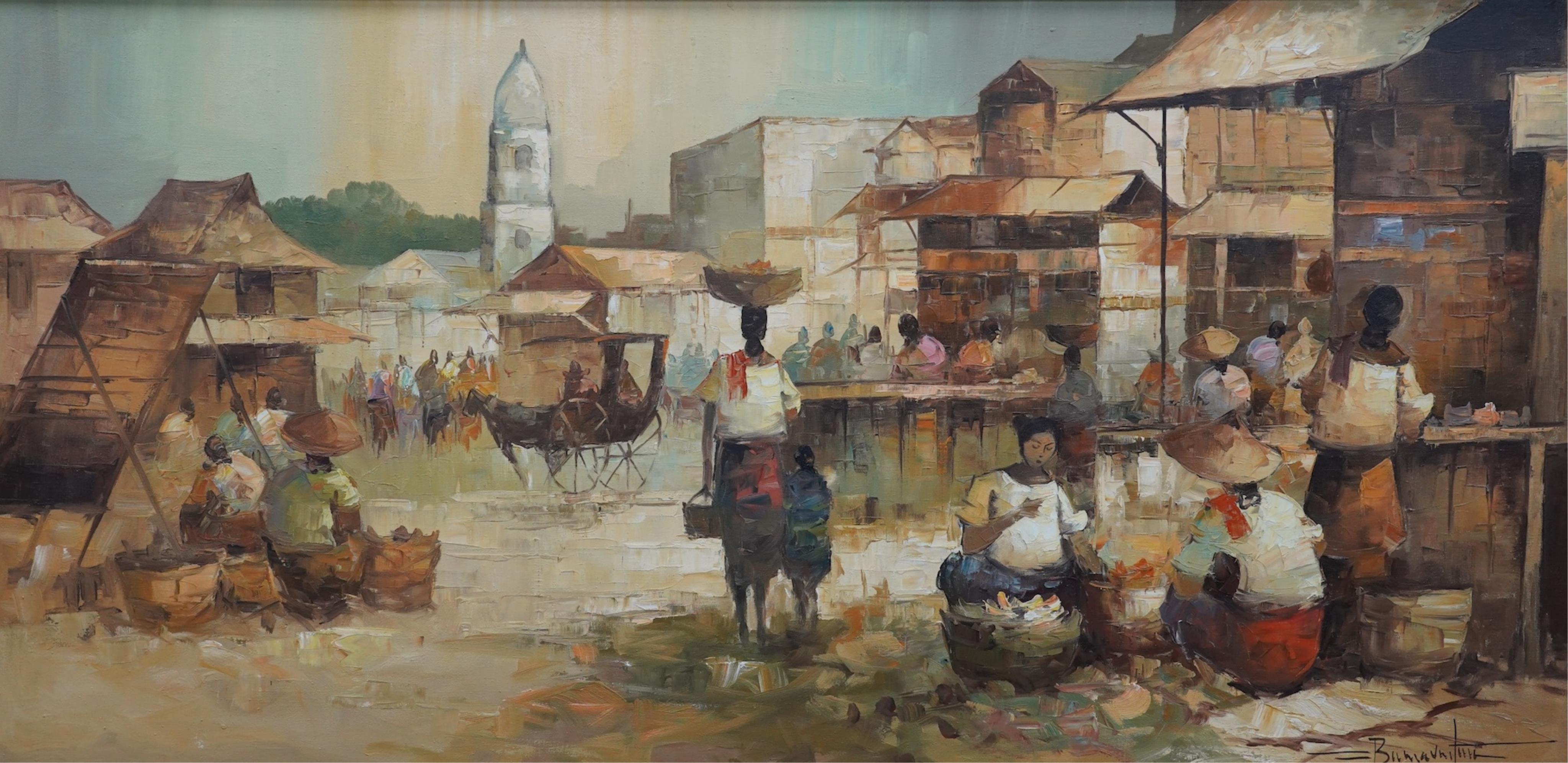 Buenaventura, Filipino oil on canvas, Street scene, signed, 72 x 149cm